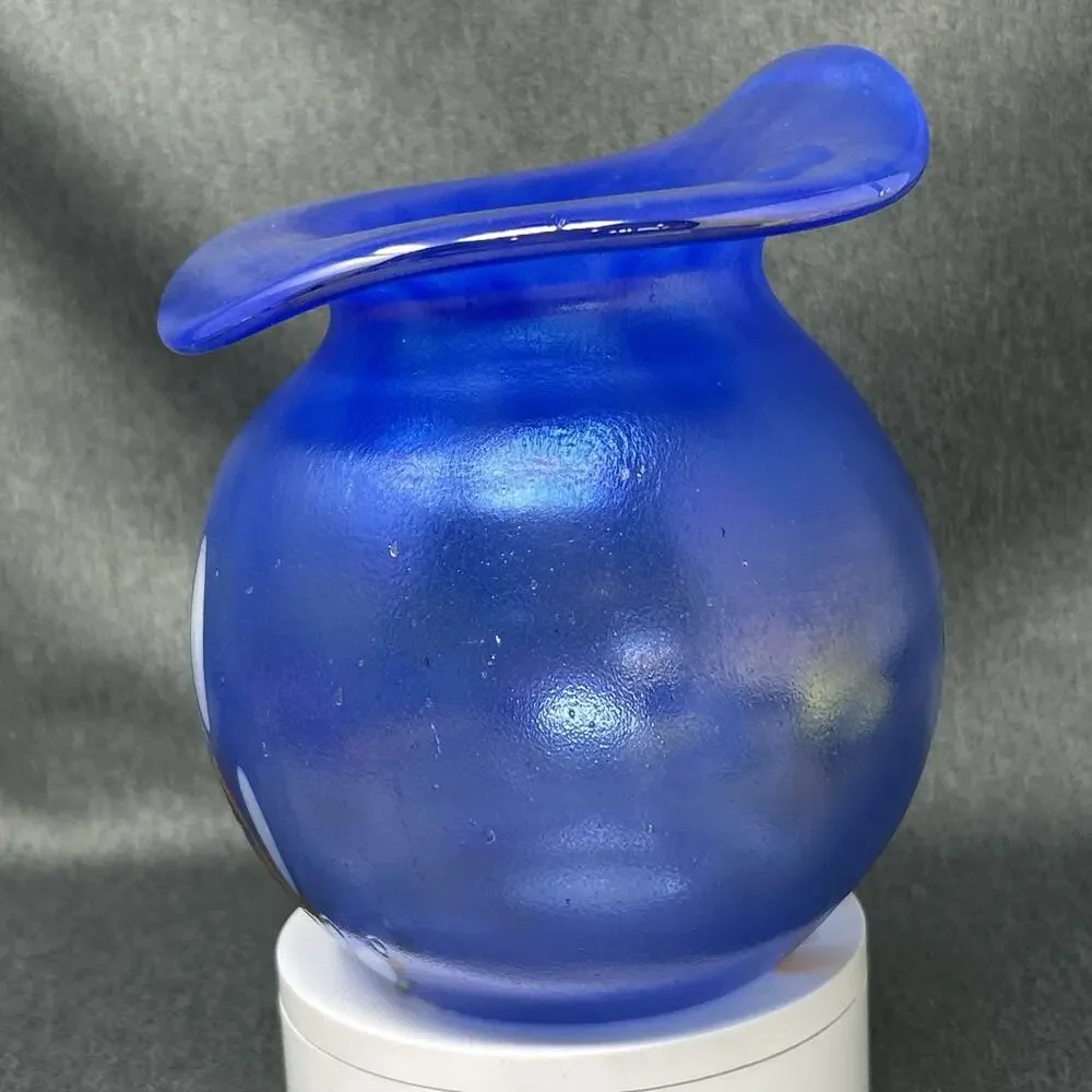 Von Poschinger Germany Blue Iridescent Art Glass Vase Confetti Flared Rim READ